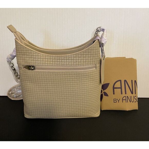 ANUSCHKA Almond Woven Genuine Leather TopZip Bucket Shoulder Bag Crossbody Purse - Picture 5 of 8